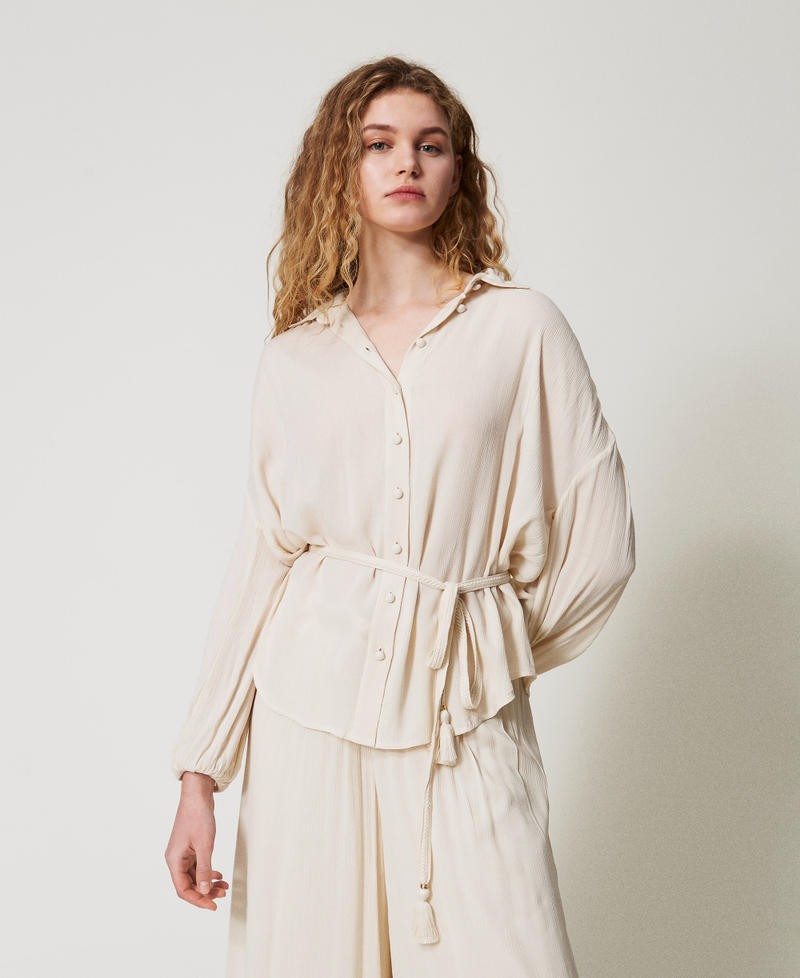 Crepon shirt with belt Almond Beige Woman 251LM2GEE_12363_01