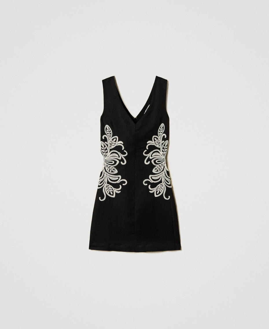 Short linen blend dress with embroidery Bicolour Black / Mother-of-pearl White Woman 251LB2FBB_02710_S0