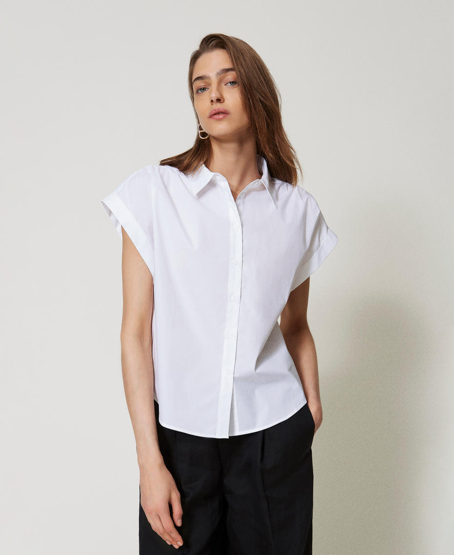 Camisa de popelina con frunces Blanco Mujer 251TT202H_00001_01