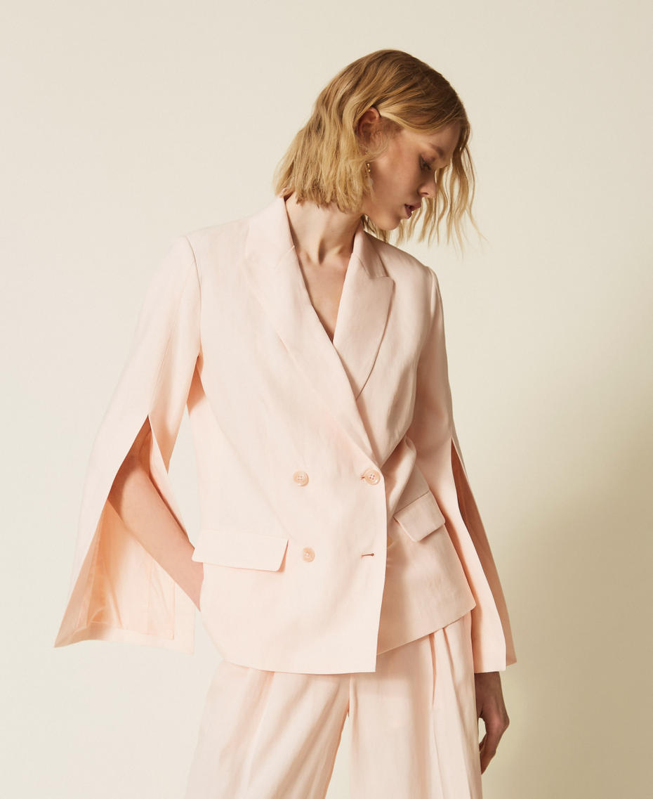 Linen blend double-breasted jacket Pearl Rose Woman 261TT2550_13144_04