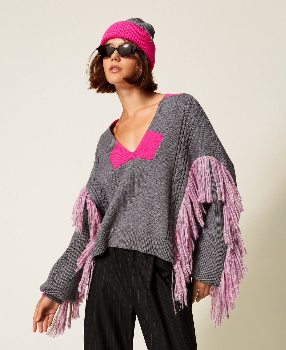 Pull MYFO avec franges et torsades Bicolore Gris Moyen Chiné/Rose Fluo Femme 252AQ3030_13016_01
