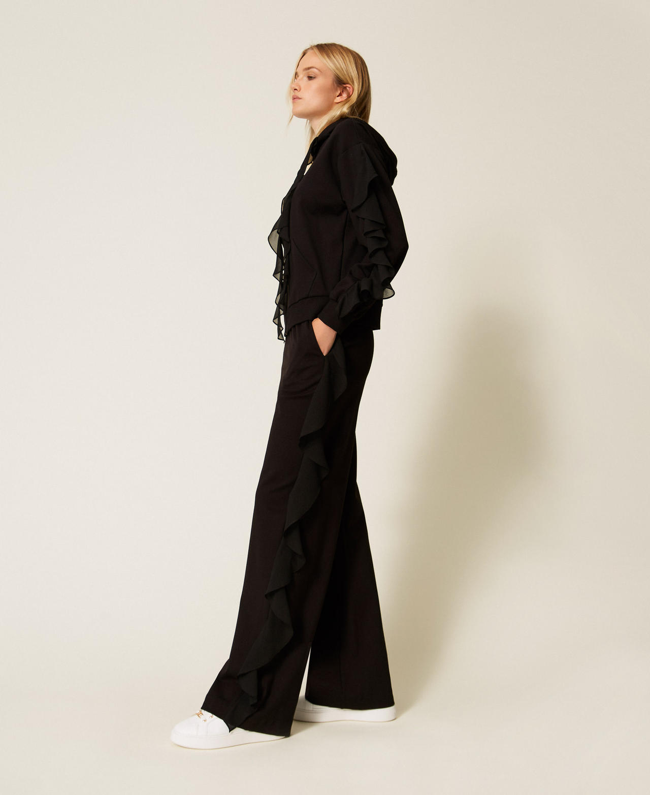 Trousers with georgette ruffles Black Woman 252LI2NCC_00006_02