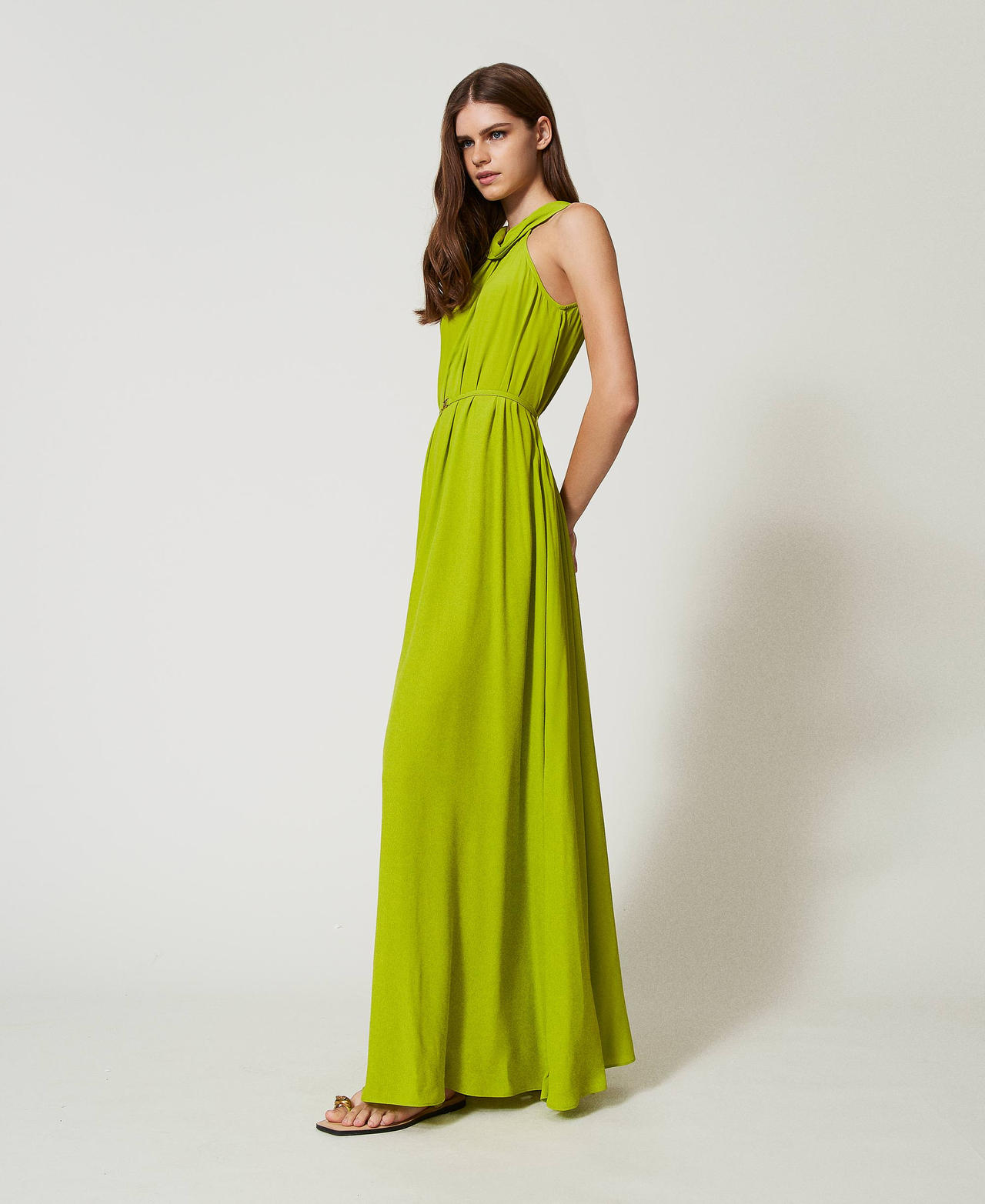 Robe longue avec encolure américaine et ceinture Green Grenoble Femme 251LB2ECC_12131_02