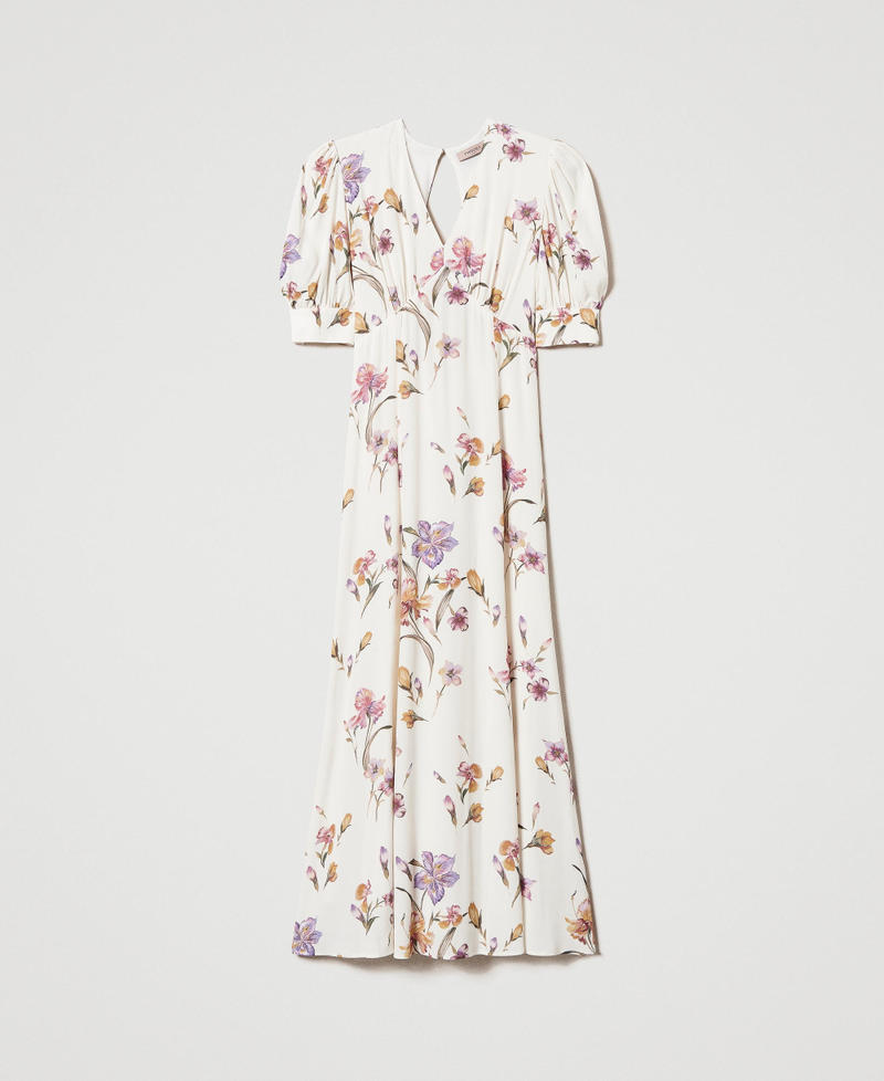 Long cr&ecirc;pe de Chine floral dress Multicolour/Mother of Pearl Iris Print Woman 251TP2770_12329_S0