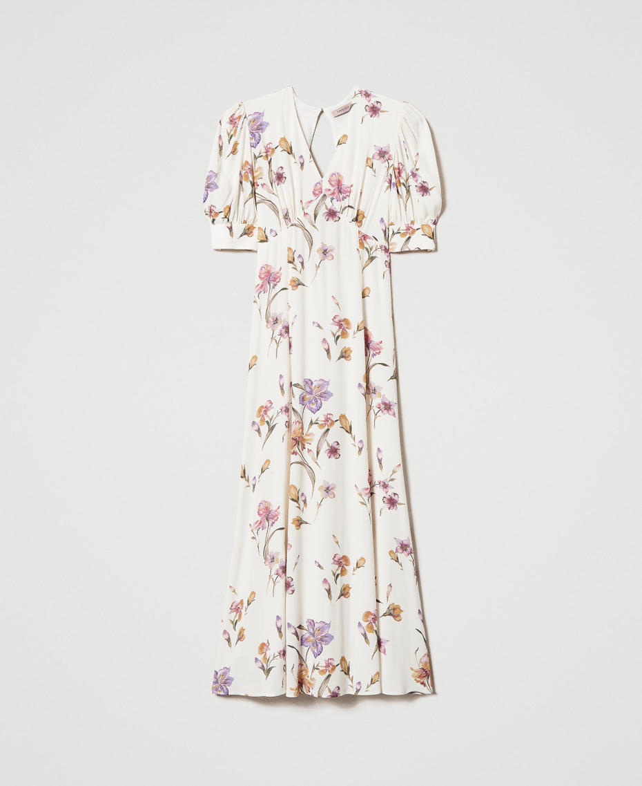 Long cr&ecirc;pe de Chine floral dress Multicolour/Mother of Pearl Iris Print Woman 251TP2770_12329_S0