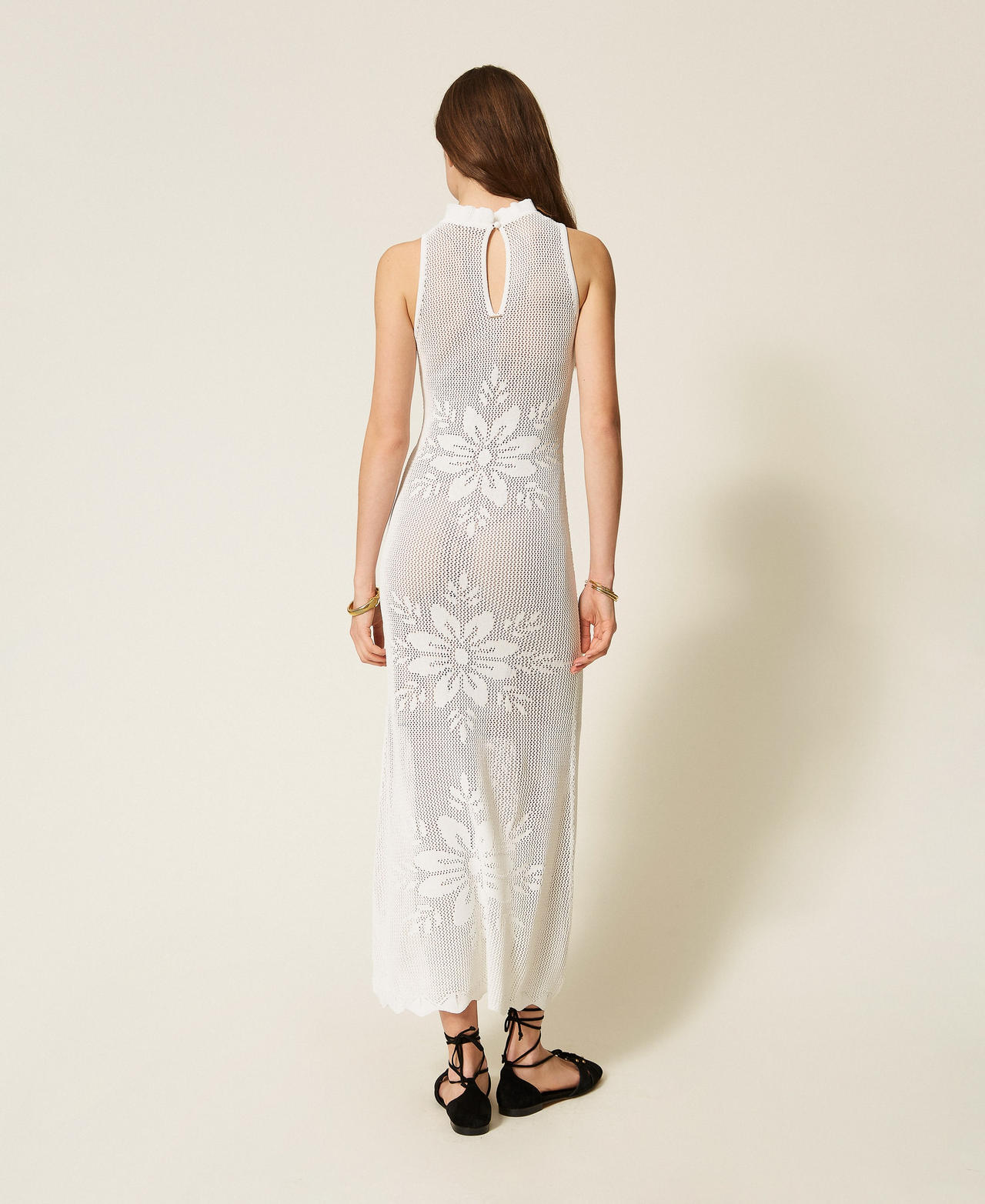 Robe longue en maille florale Blanc Neige Femme 261TT3280_00282_03