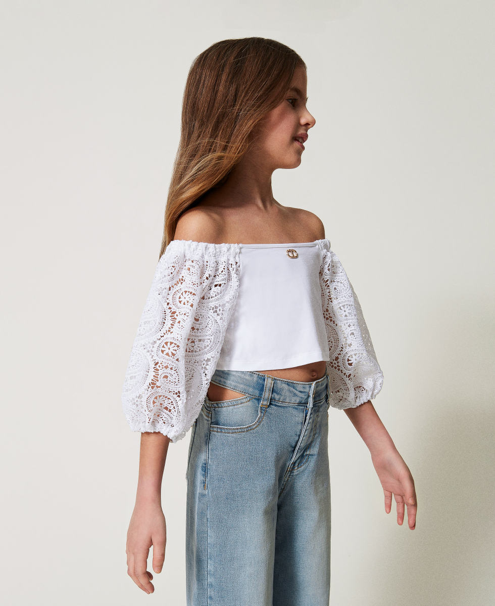 Top con mangas abullonadas de encaje macram&eacute; Blanco "Ice" Ni&ntilde;a 251GJ2QR9_00808_02