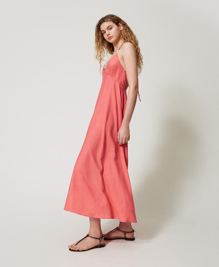 Long linen-blend dress with pearls Coral Sunset Woman 251LM2QBB_12360_02