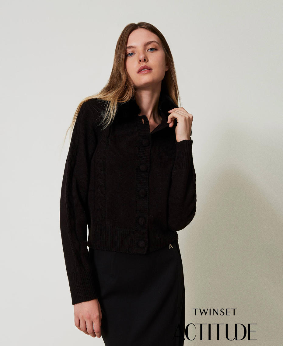 Cardigan corto con collo in faux fur Nero Donna 242AT3230_00006_01