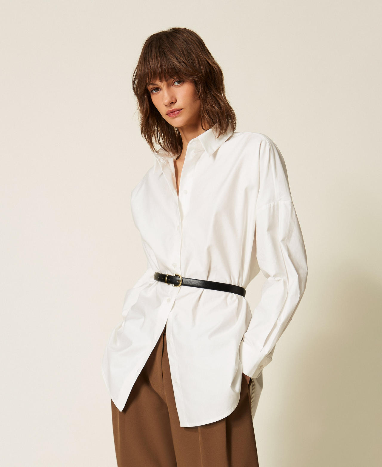 TWINSET - Chemise en popeline avec ceinture, Femme, Off White, XS