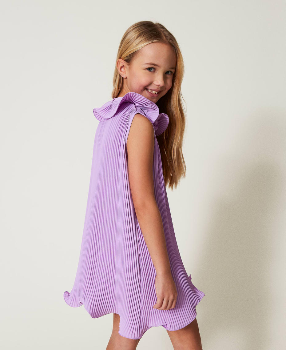 Pleated crêpe de Chine short dress Pastel Violet Girl 251GJ2QQ6_11862_03