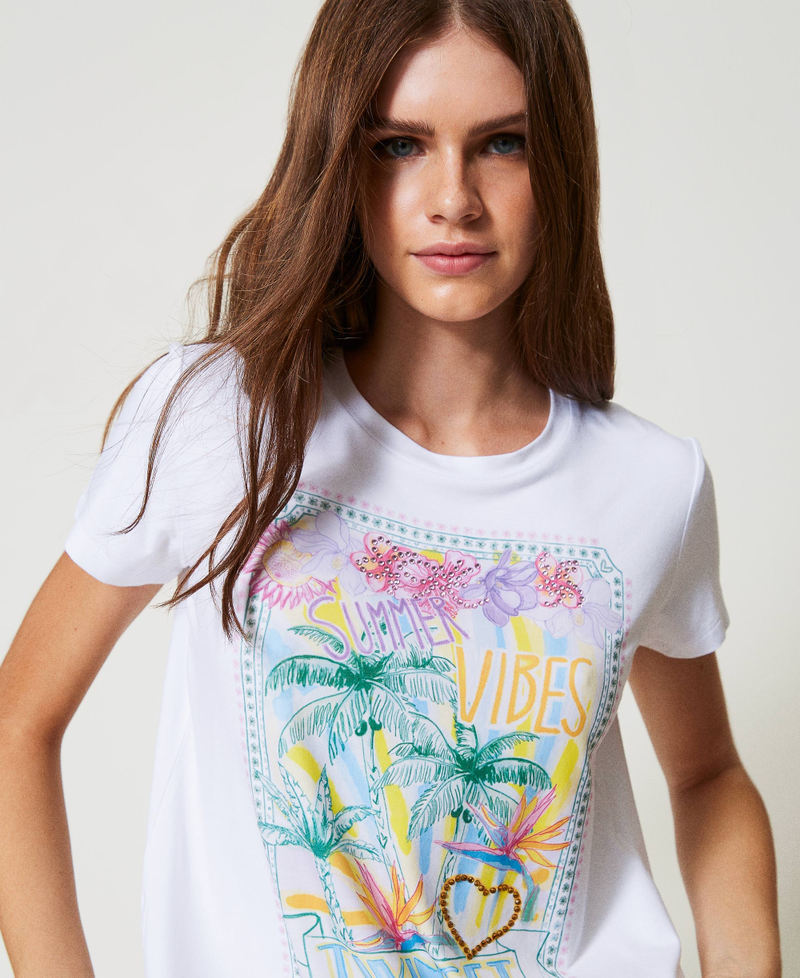 Printed T-shirt with rhinestone heart Mother Of Pearl Woman 251LB2WCC_00059_PD