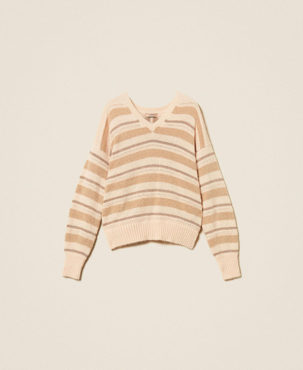 Longpullover aus Alpaka-Mischung Streifen Alpakabraun /Alpaka Lurex Frau 252TT3072_13009_S0