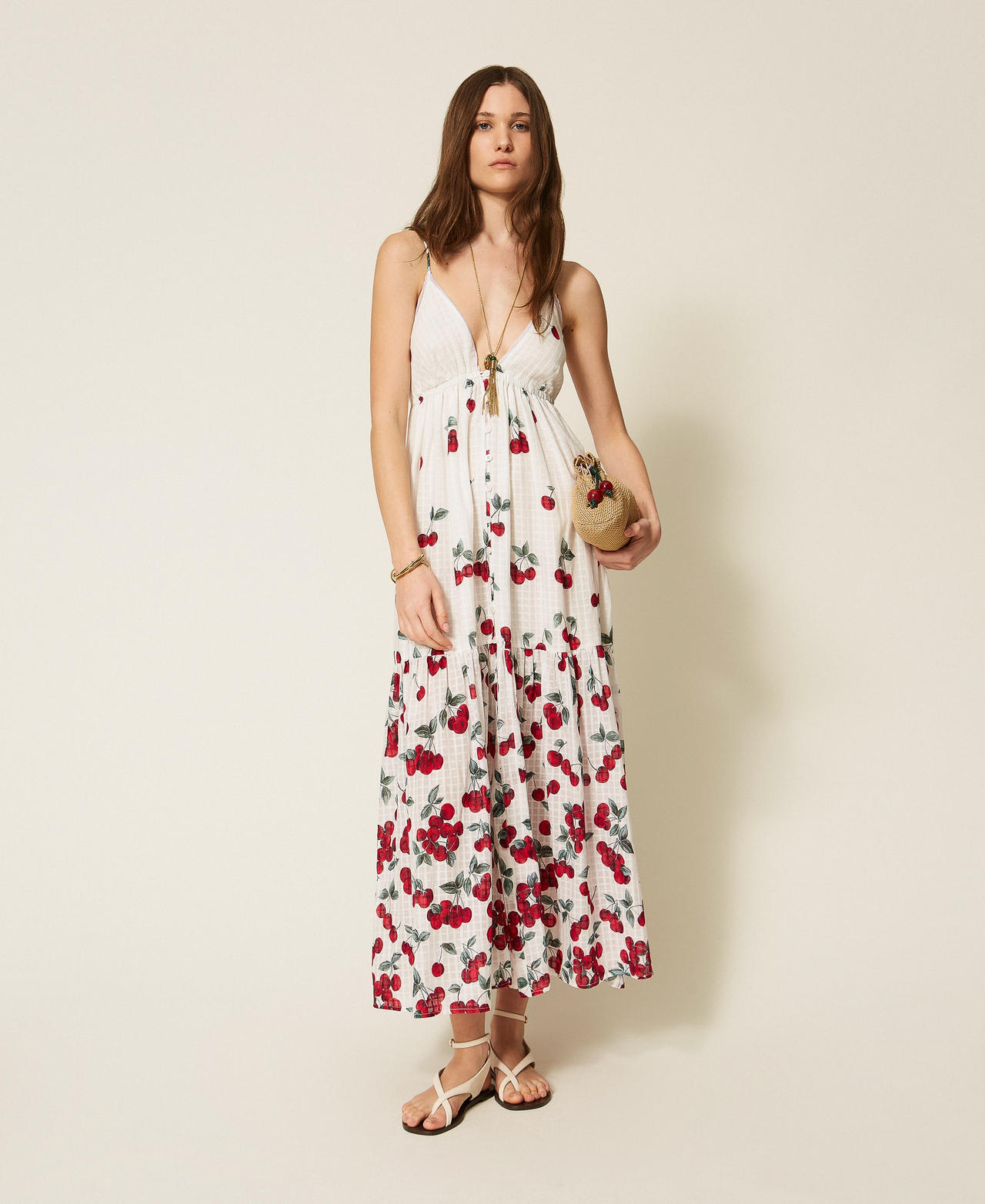 Twinset Dresses - Long jacquard dress with print, White/Red Cherries Degradè, Size: 50