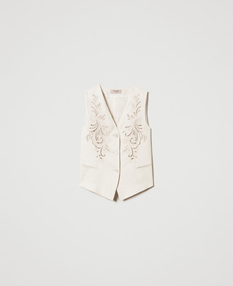 Linen blend waistcoat with embroidery Mother Of Pearl Woman 251TP2161_00059_S0