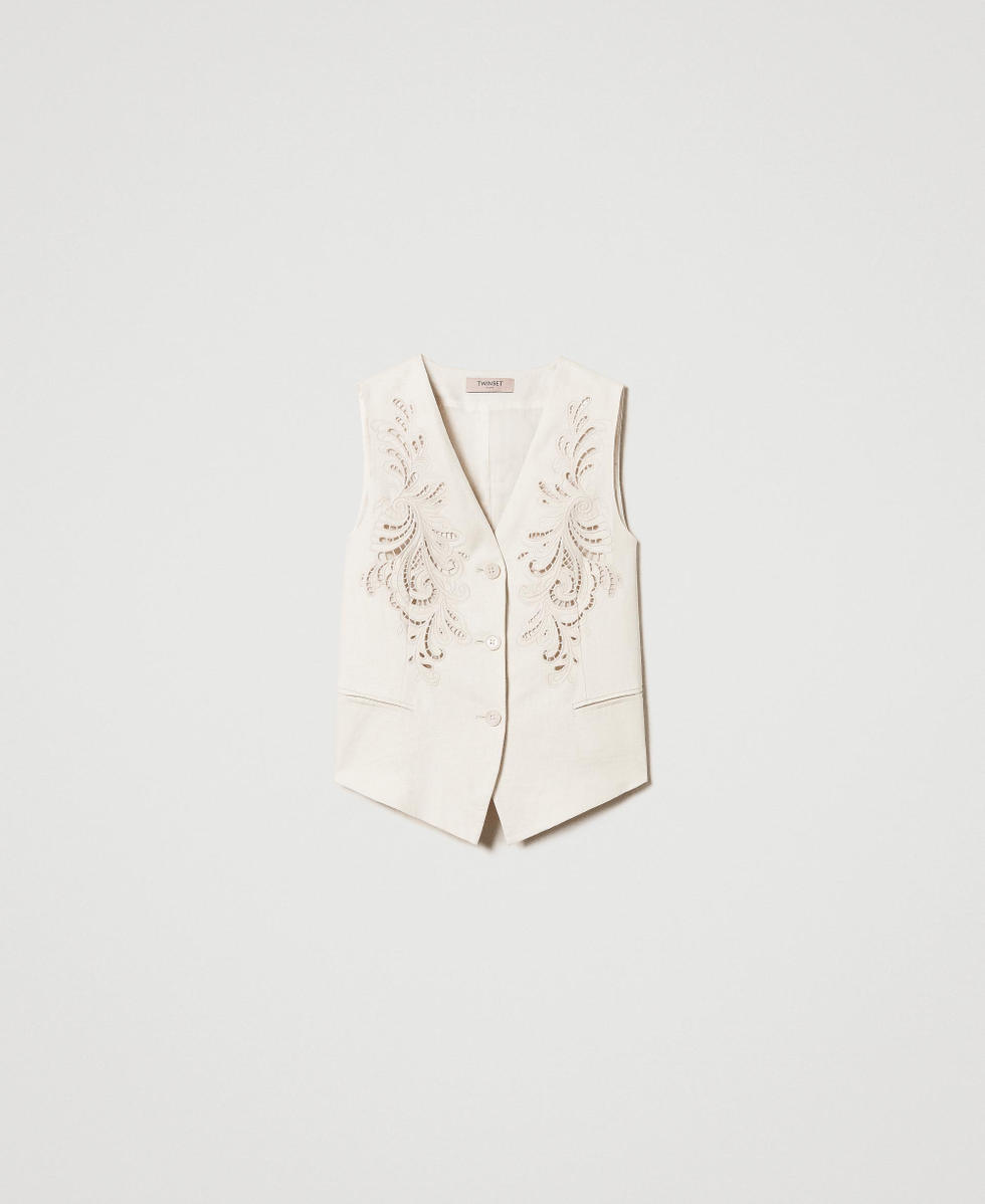 Linen blend waistcoat with embroidery Woman, White | TWINSET