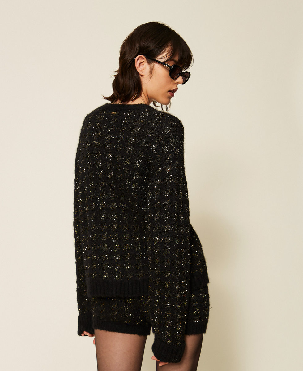 Cardigan aus Jacquard-Strick mit Hahnentrittmuster Schwarz / Schwarz-Gold Frau 262TP3360_13926_03