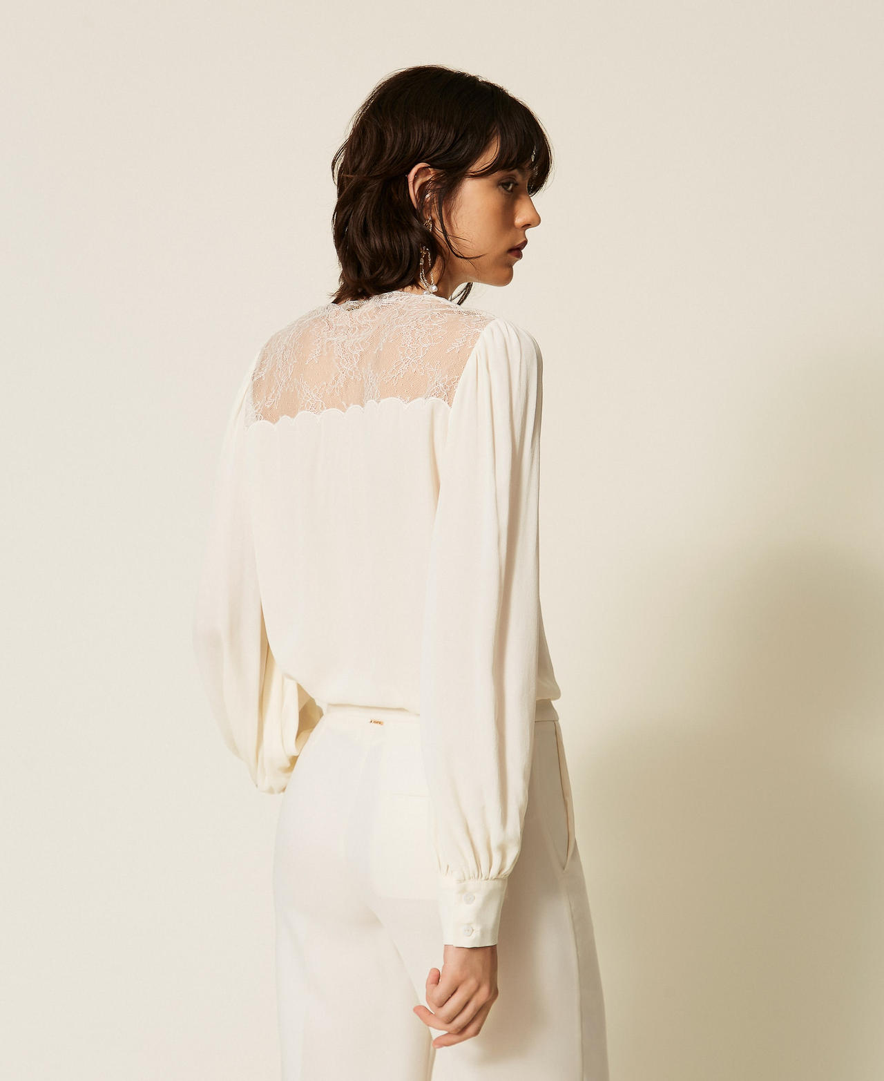Jacquard shirt with lace Mother Of Pearl Woman 262TP2481_00059_03