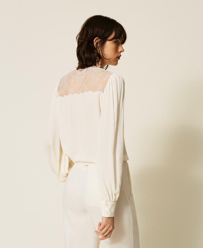Jacquard shirt with lace Mother Of Pearl Woman 262TP2481_00059_03