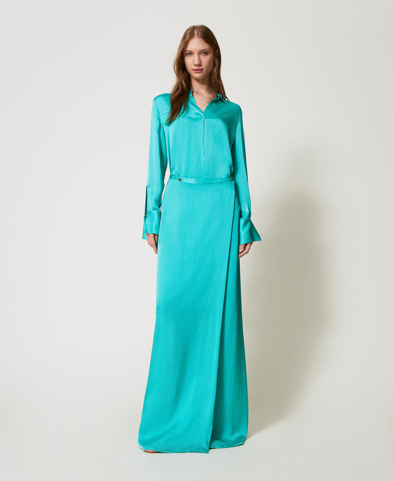 Long satin wrap-around skirt Emerald Sea Woman 251TE2043_12146_01