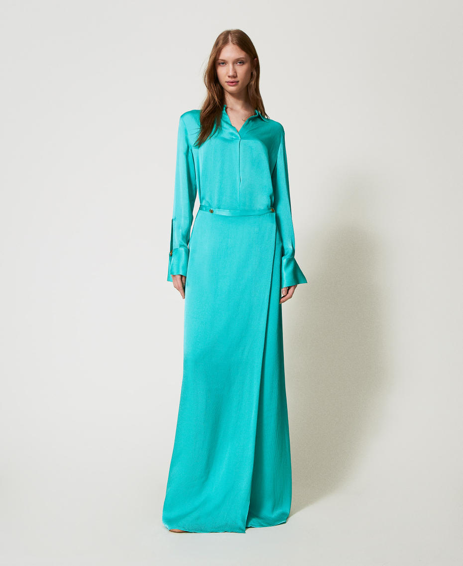 Long satin wrap-around skirt Emerald Sea Woman 251TE2043_12146_01