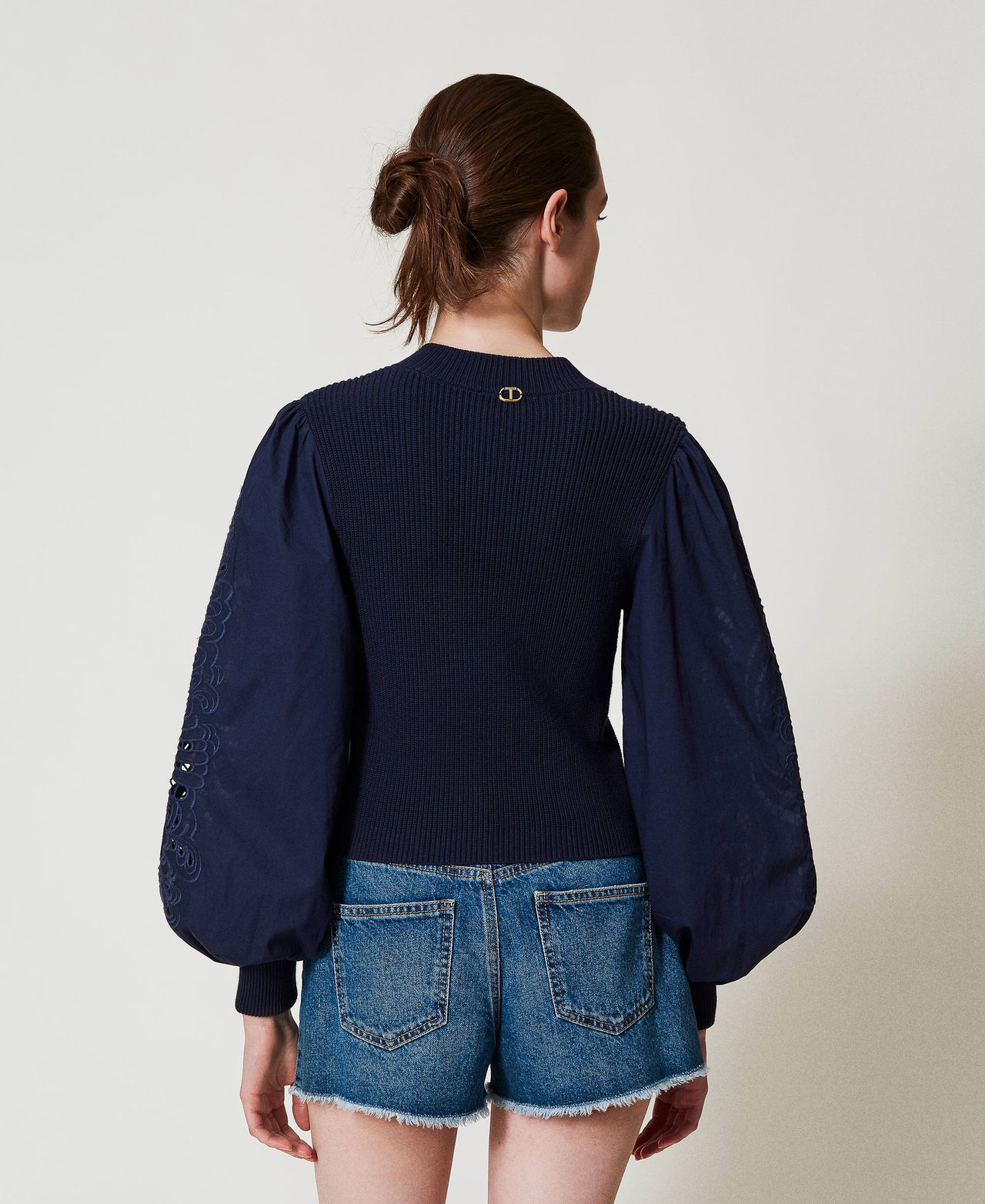 Turtleneck jumper with embroidered sleeves Blue Night Woman 251TP3180_00238_03