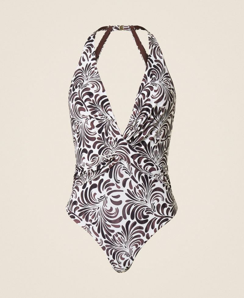 Botanical print one-piece swimsuit Coffee Choc/Off White Botanical Print Woman 261LMMG01_13467_S0