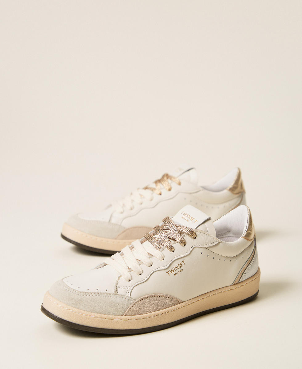 Baskets en cuir avec logo et empi&egrave;cement lam&eacute; Bicolore Blanc Cass&eacute;/Or Femme 262TCP098_10790_02