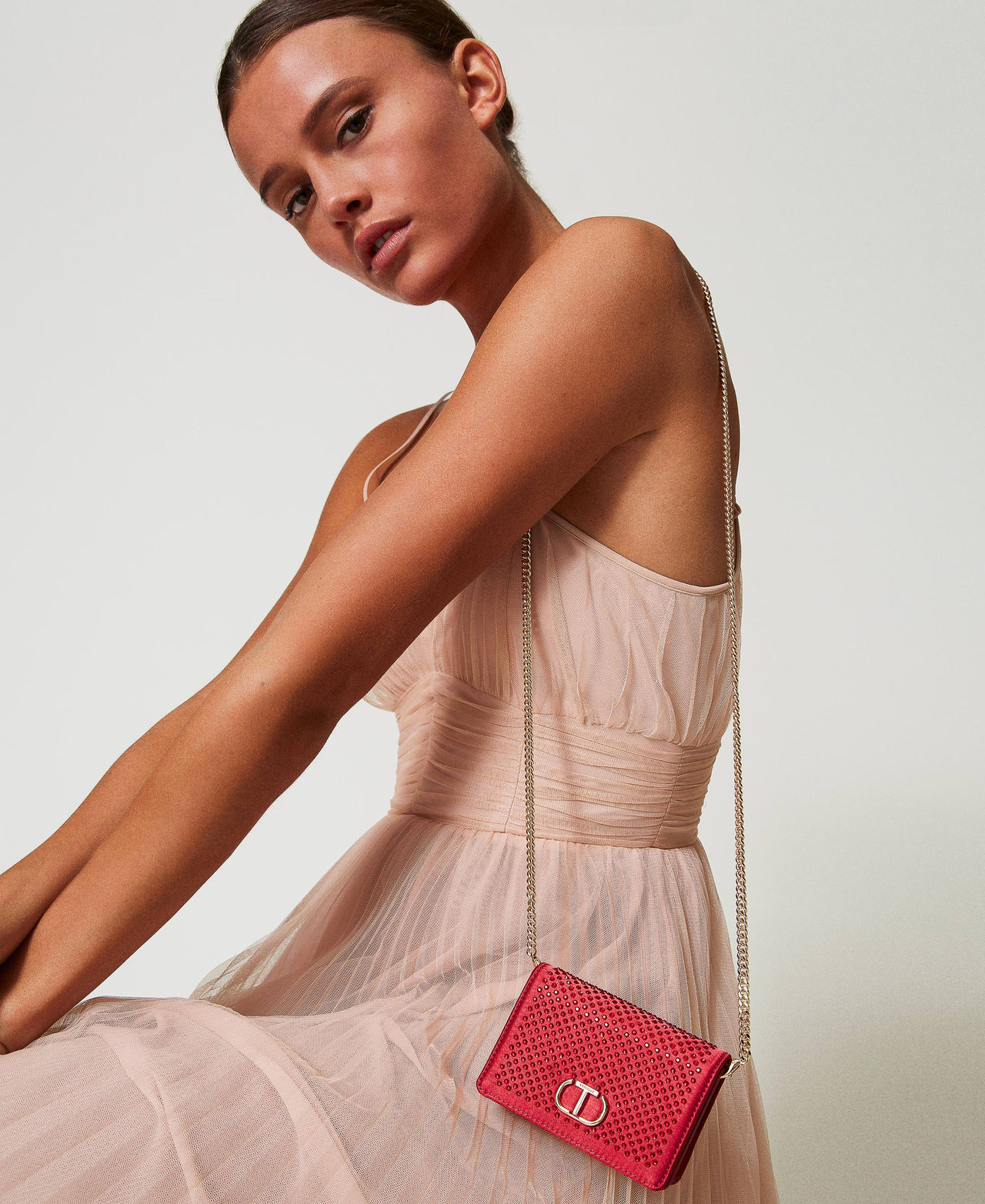 Scee by twin set Mini borsa a tracolla in raso con strass