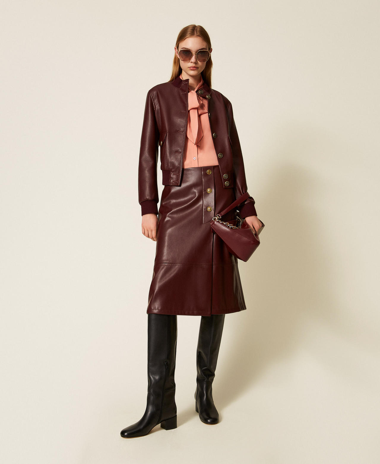 Faux leather midi skirt with buttons