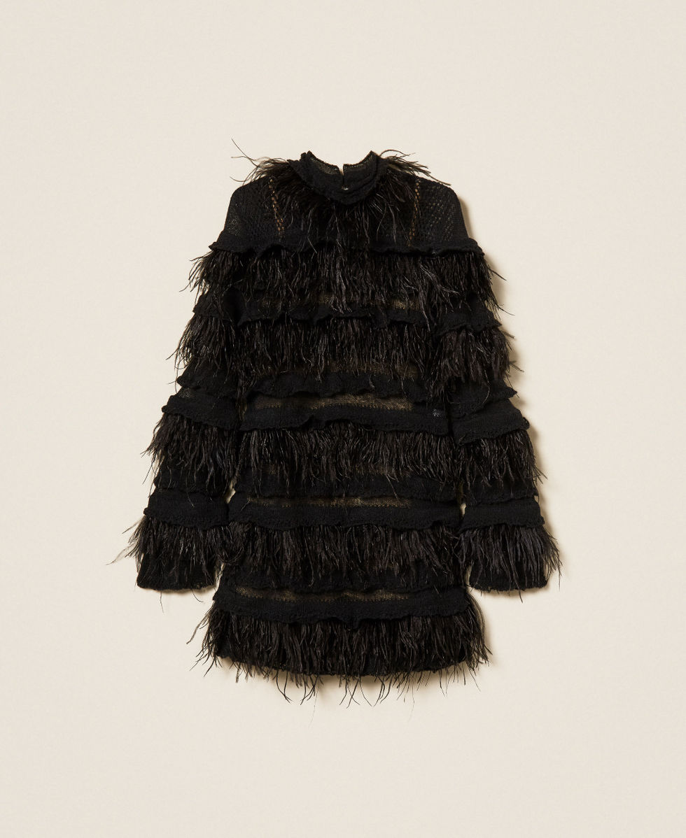 Robe courte en maille avec plumes Noir Femme 252TS3240_00006_S0