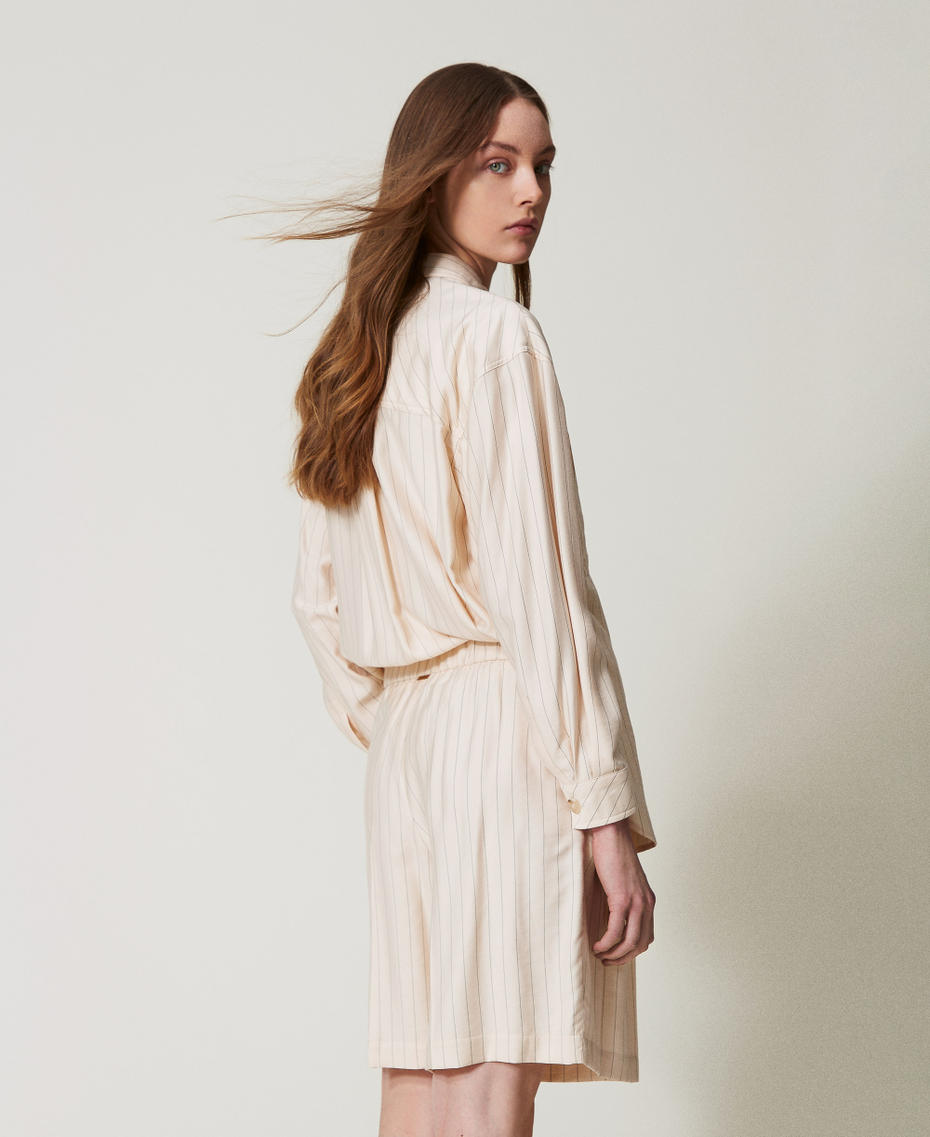 Pinstripe Bermuda shorts with elastic Beige/Black Pinstripe Woman 251LL2AFF_12247_03