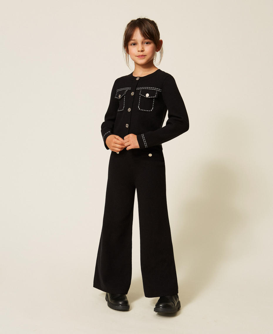 Knitted jacket with stitching Black/"Snow" White Stitching Girl 262GJ3020_13894_T0