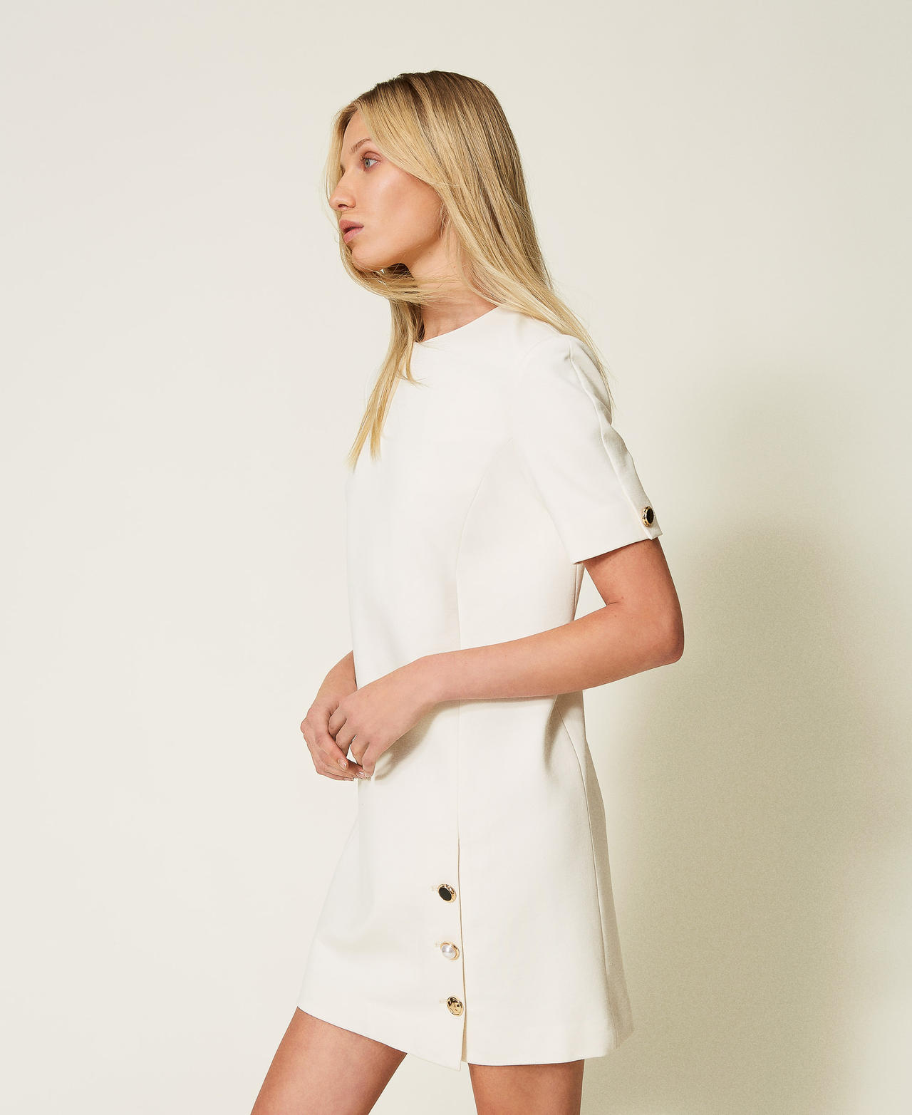 Short dress with jewel buttons Mother Of Pearl Woman 251TP2133_00059_02
