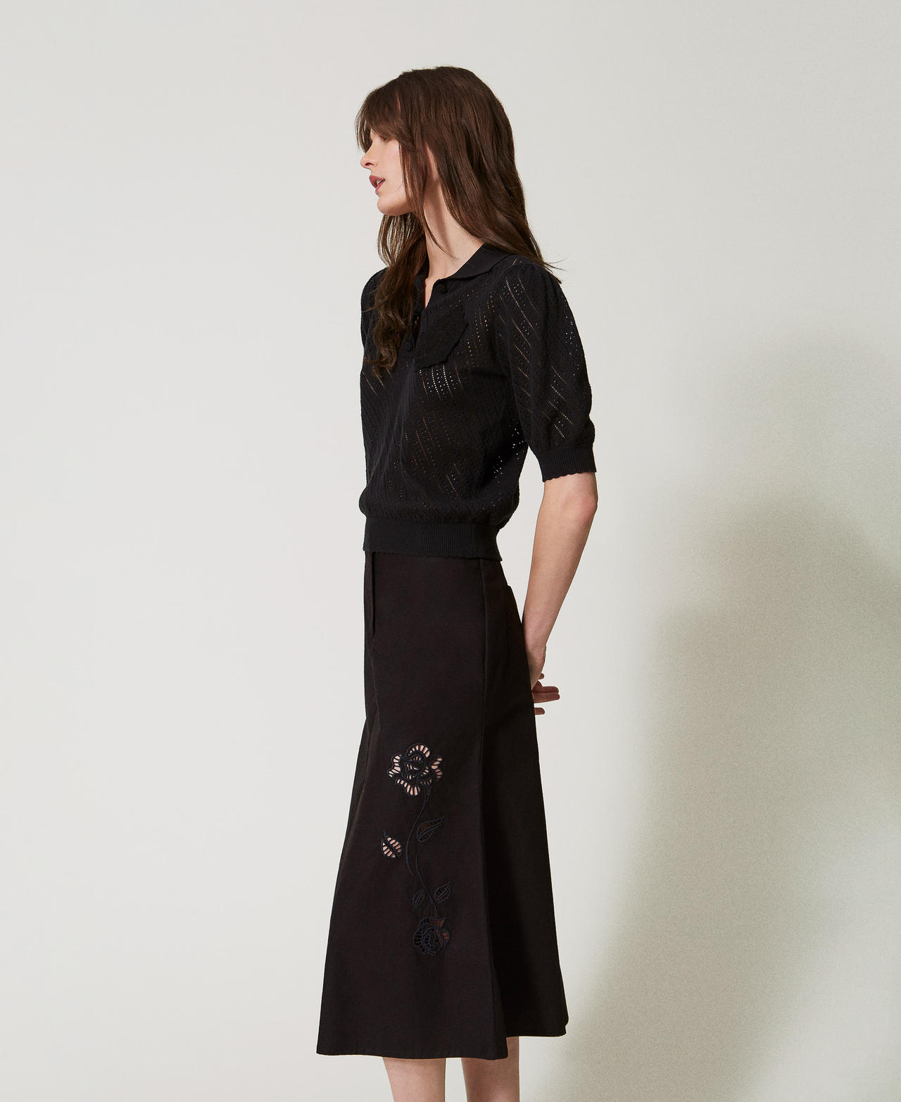 Midi skirt in poplin with embroidery Black Woman 251AX2091_00006_01