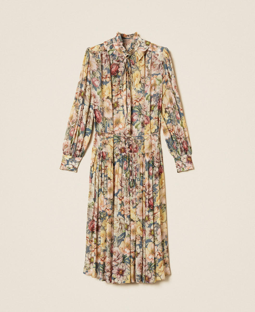 Robe longue en cr&eacute;pon floral Fleurs Bleu Indigo/Multicolore Femme 262TT2610_14099_S0
