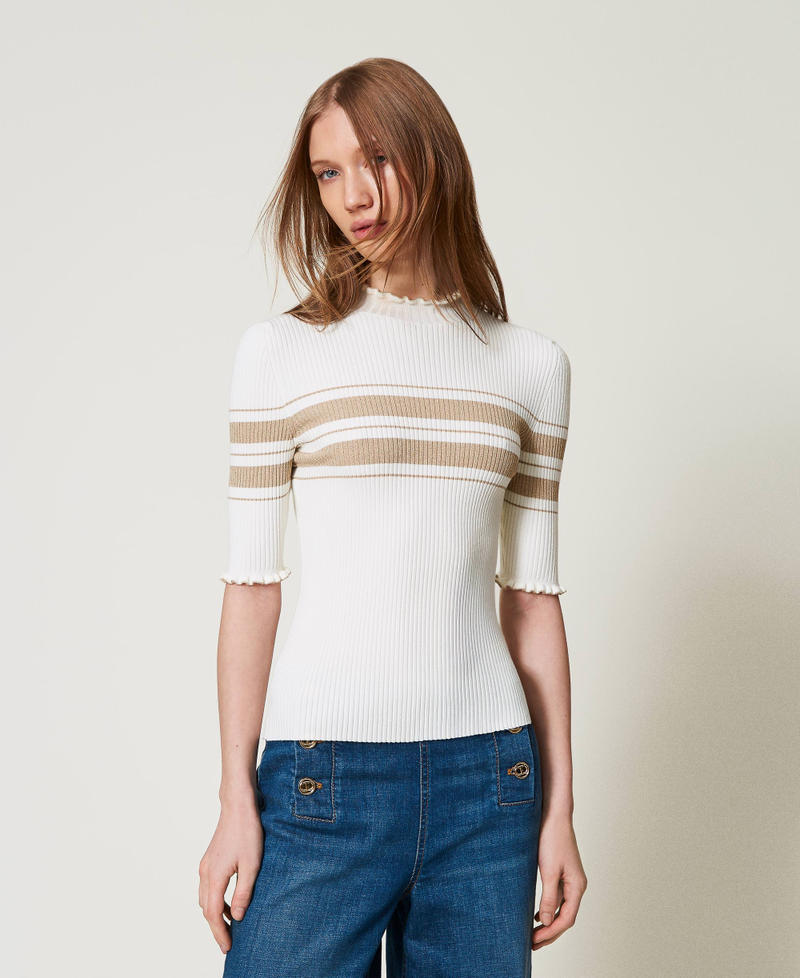 Maglia lupetto a costine con righe lurex Bicolor Bianco Neve / Beige "Rope" Lurex Oro Donna 251TP3420_12314_01