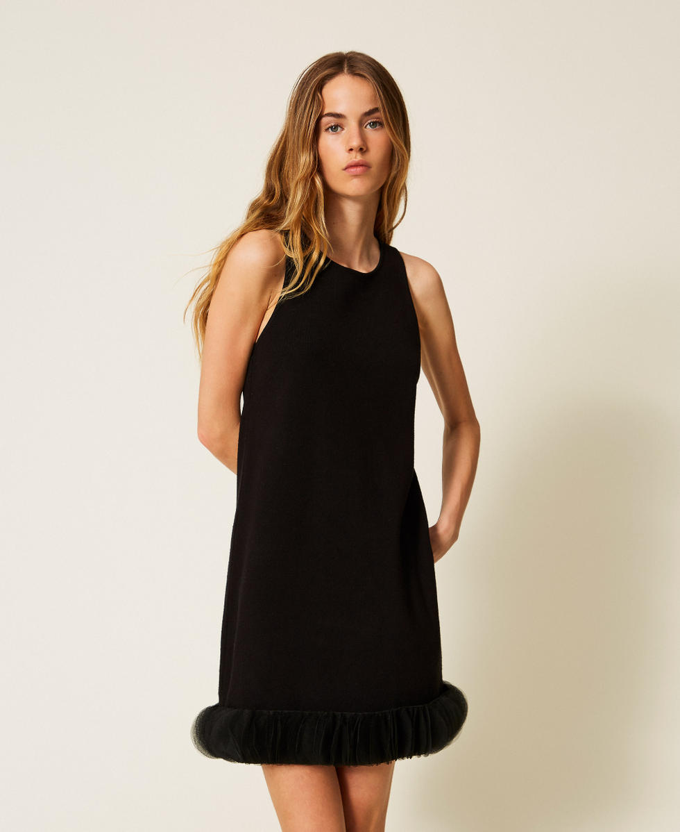 Abito corto in maglia e organza Nero Donna 252AP3012_00006_01