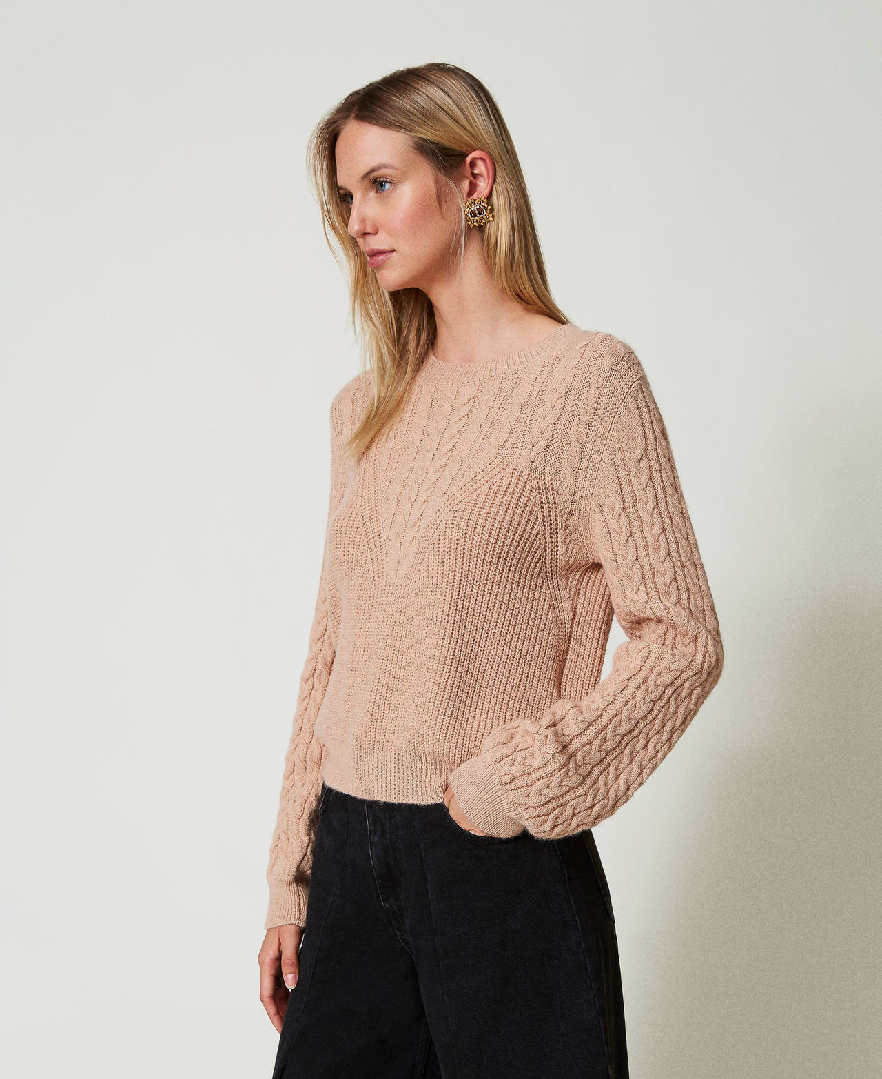 Wool blend cable knit jumper Light Sandy Brown Woman 242TT3071_12044_03