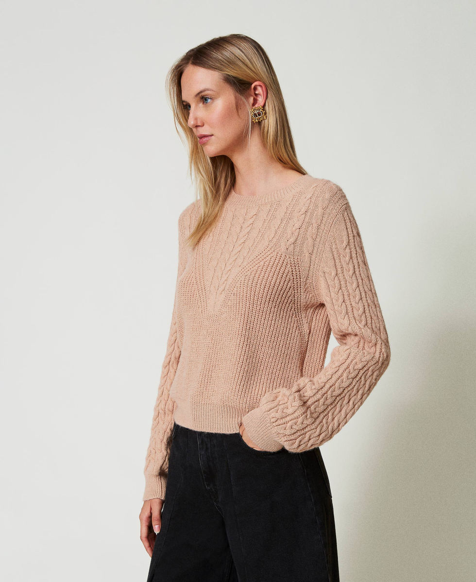 Pull en laine m&eacute;lang&eacute;e avec torsades Marron &laquo;&nbsp;Sandy Brown&nbsp;&raquo; Clair Femme 242TT3071_12044_03