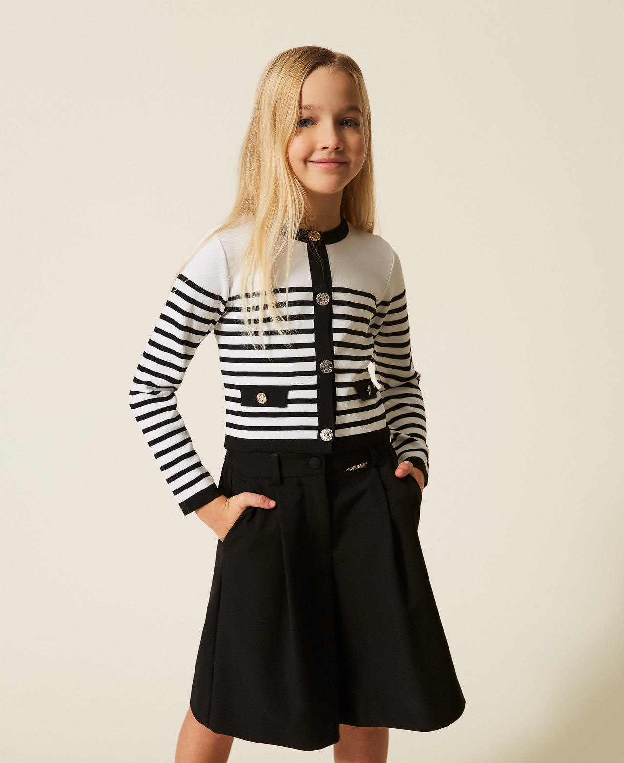 Twinset Girls Two-Tone Black / Off White Stripe Striped Jumper-Cardigan
