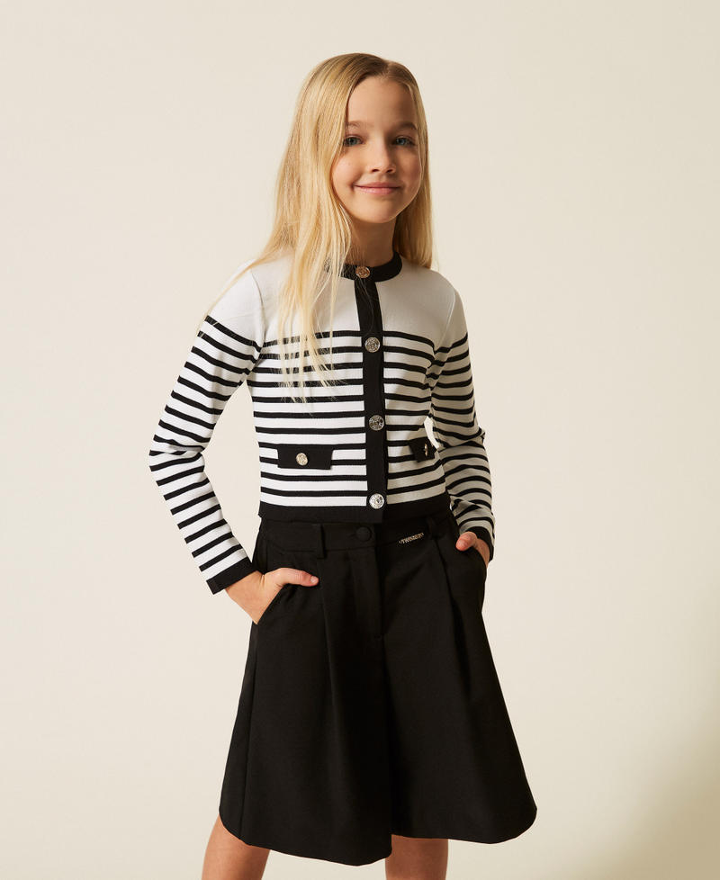Cardigan-Pullover mit Streifen Streifen zweifarbig Schwarz / Off White M&auml;dchen 261GJ3060_11008_01