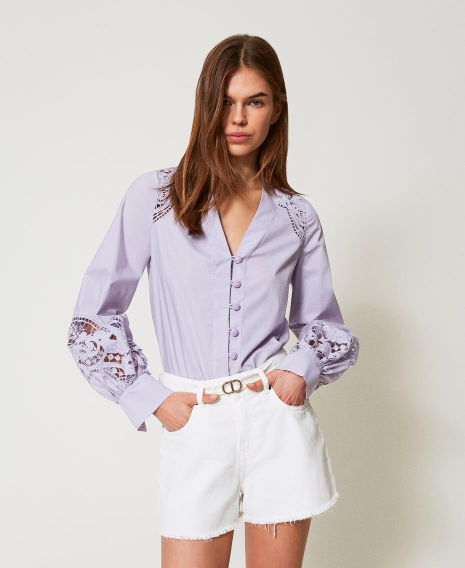 Shirt in broderie anglaise poplin Lilac Flowers Woman 251TT2333_00703_05