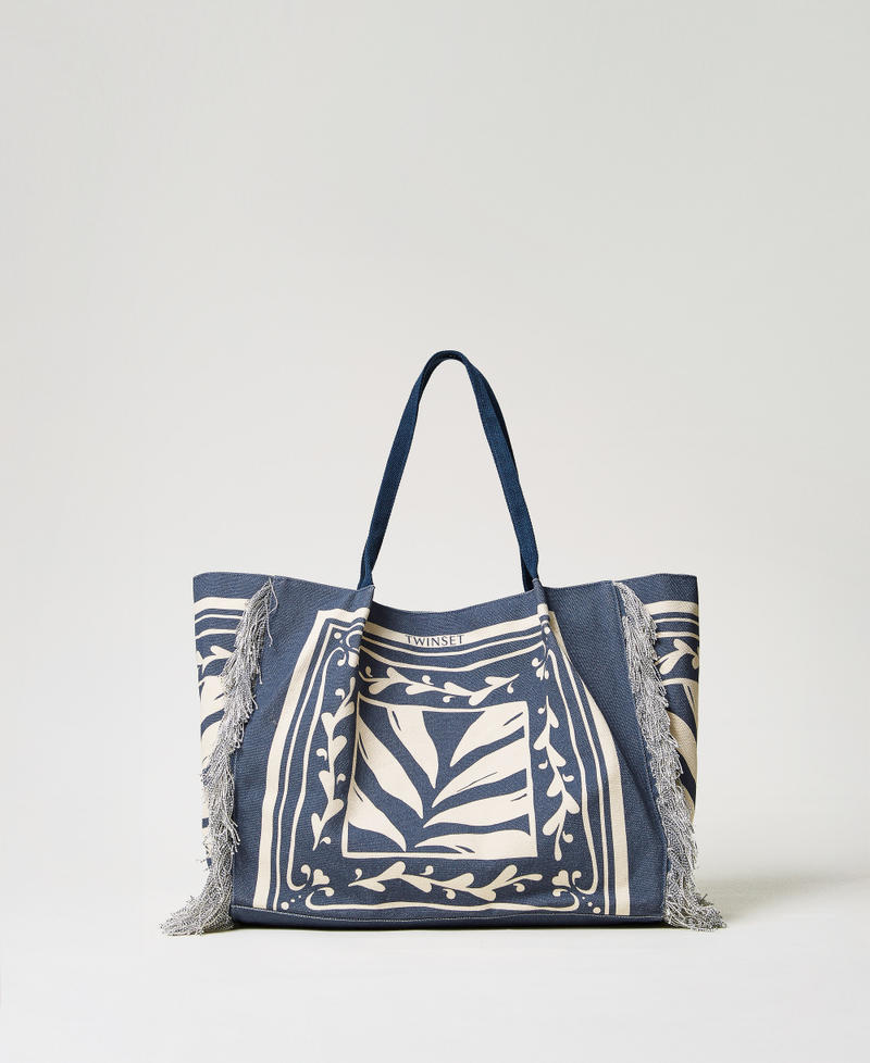 Printed canvas shopper bag Classic Blue/Sugar Foulard Print Woman 251LM8ALL_12380_01