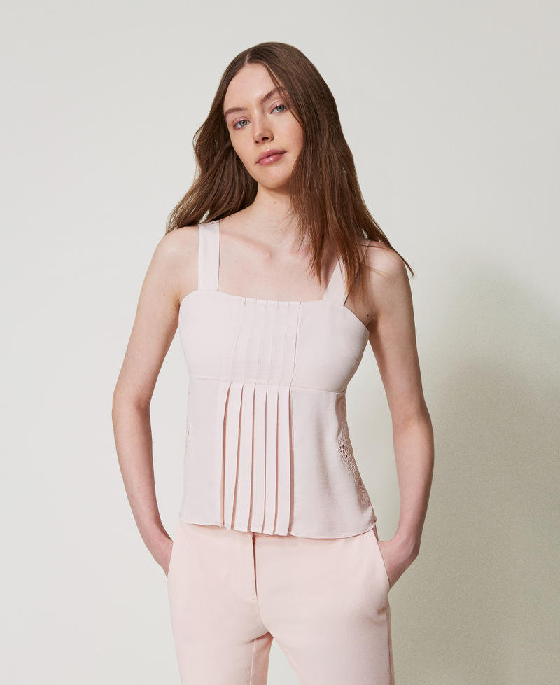 Twill top with embroidery and pleats Tender Pink Pink Woman 251AP2422_00619_01