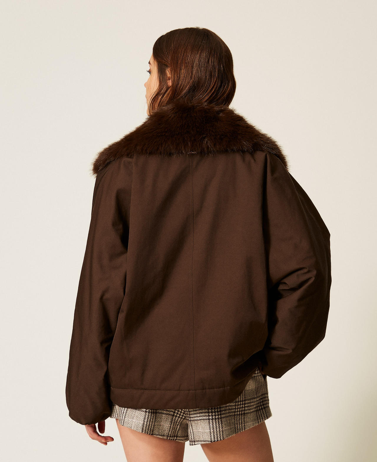 Gabardine jacket with faux fur collar Darkness Brown Woman 262TP2181_13411_03