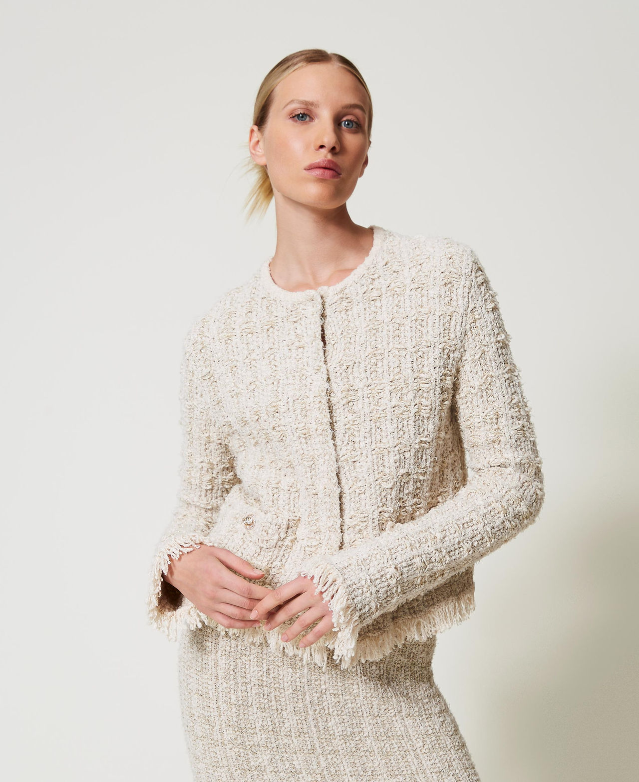 Jacquard knit jacket with lurex Woman, Gold | TWINSET Milano