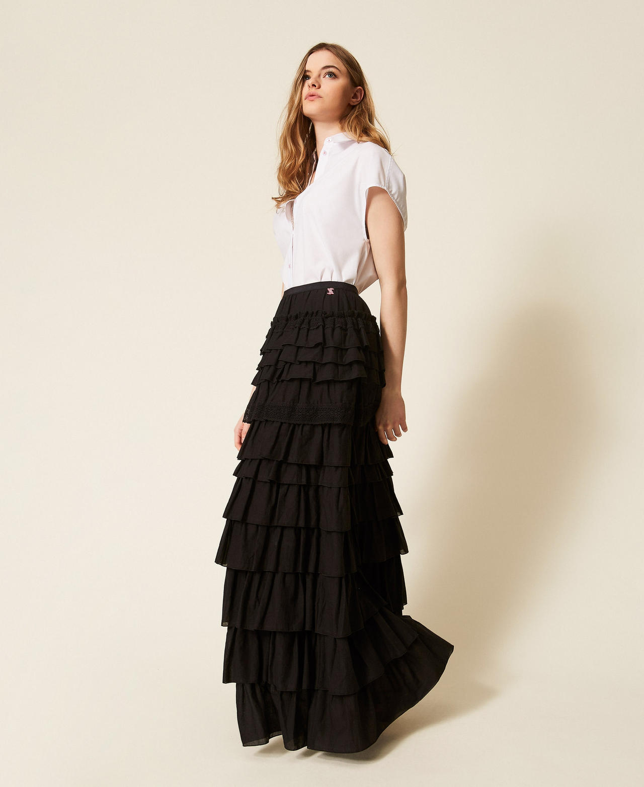Long MYFO muslin skirt with flounces Black Woman 261AQ2050_00006_02