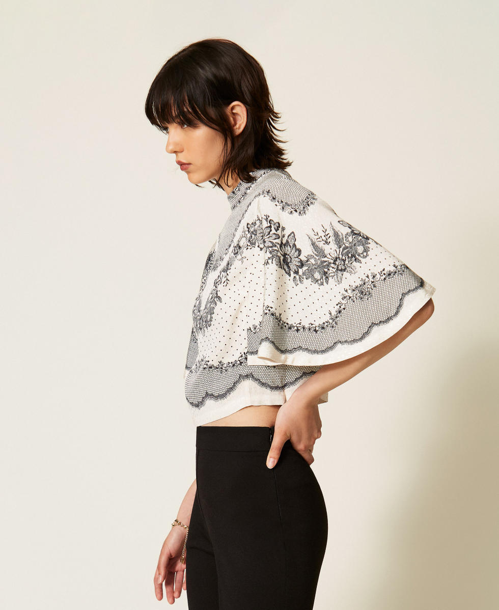 Blouse en satin jacquard floral avec pois Imprim&eacute; Dentelle et Fleurs Noir/Nacre Femme 262TP267A_13947_02