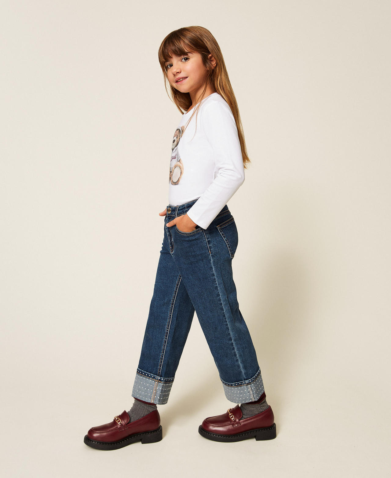 Girls' five-pocket jeans with rhinestones Denim Mid Blue Girl 252GB2080_07282_02